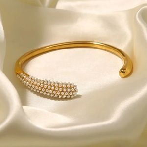 New 18K Gold plated Stainless Steel Pearl Open Bracelet Bangle Cuff